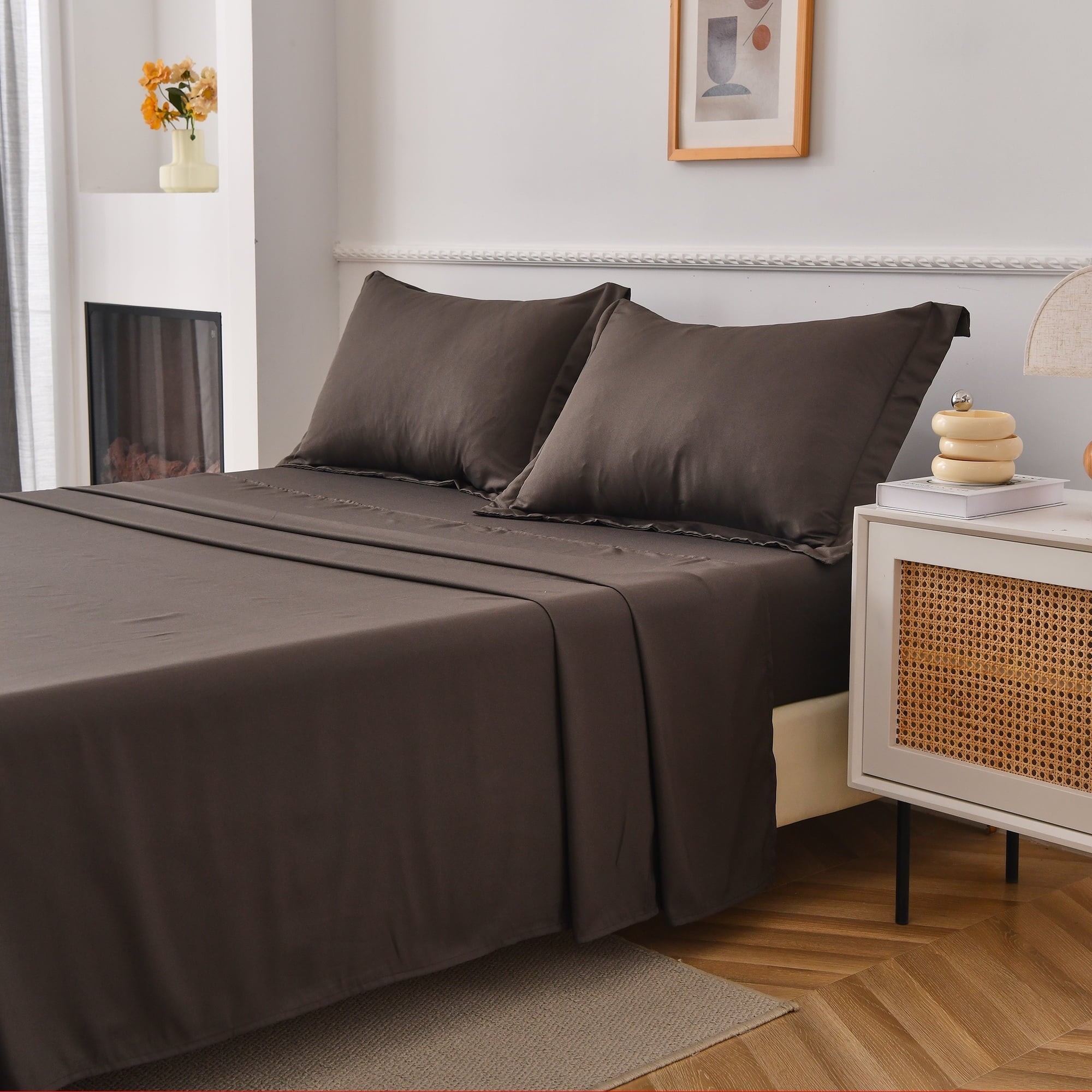 Jessy Home Bed Sheets Set 4 Piece Queen/Full Sheet Set Brown Gray Cotton Blend Fitted Sheet, Flat Sheet & 2 Pillowcases Bedding Set - Image 3